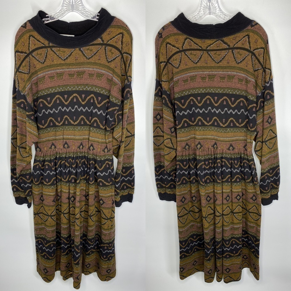 Vintage Christian De Castelnau Liquette Cotton Western Print Long Sleeve Dress